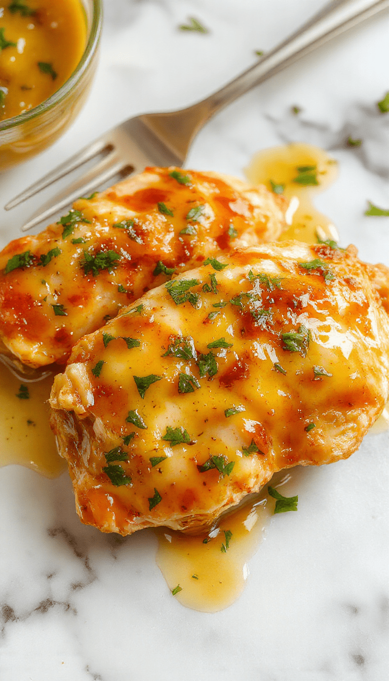A close-up shot of a golden-brown honey butter chicken breast glazed with shiny honey and topped with fresh herbs, served on a rustic white plate with a drizzle of extra honey and a side of vibrant green herbs, highlighting the crispy texture and succulent interior under warm, natural lighting.