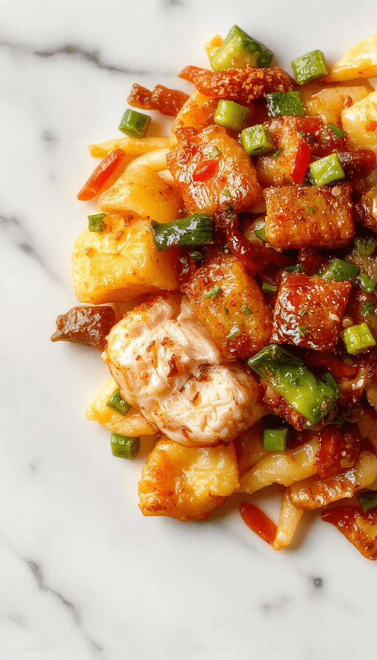 A vibrant plate of chicken chow mein featuring golden-brown slices of chicken, stir-fried mixed vegetables, and glossy, tender noodles garnished with green onions on a white ceramic plate against a rustic wooden table.