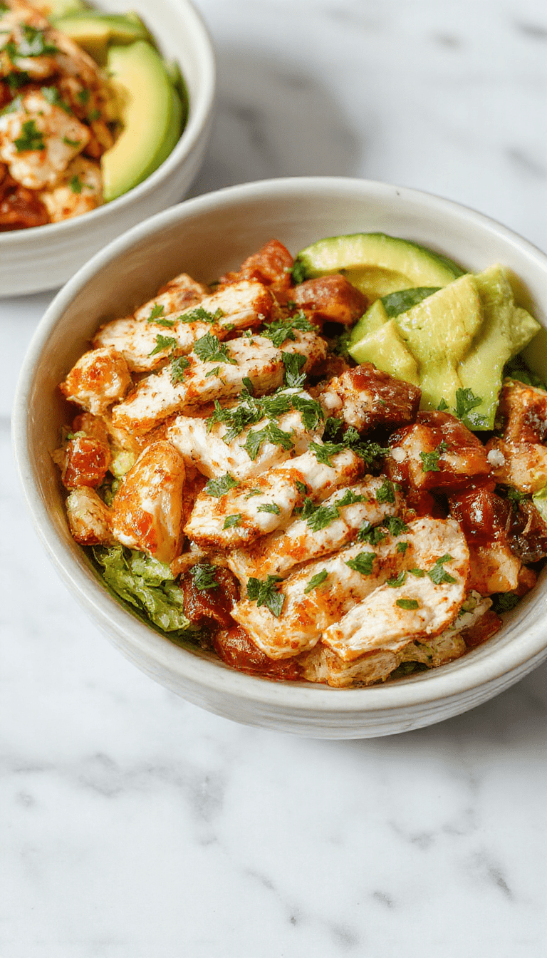 Colorful southwest chicken burrito bowls arranged on a rustic wooden table. The bowls feature grilled chicken, vibrant corn, black beans, diced tomatoes, and fresh cilantro, all topped with shredded cheese and a drizzle of creamy sauce. The dish showcases a harmonious mix of shapes and textures with bright reds, yellows, greens, and the savory golden chicken, styled simply for a wholesome, appetizing look.