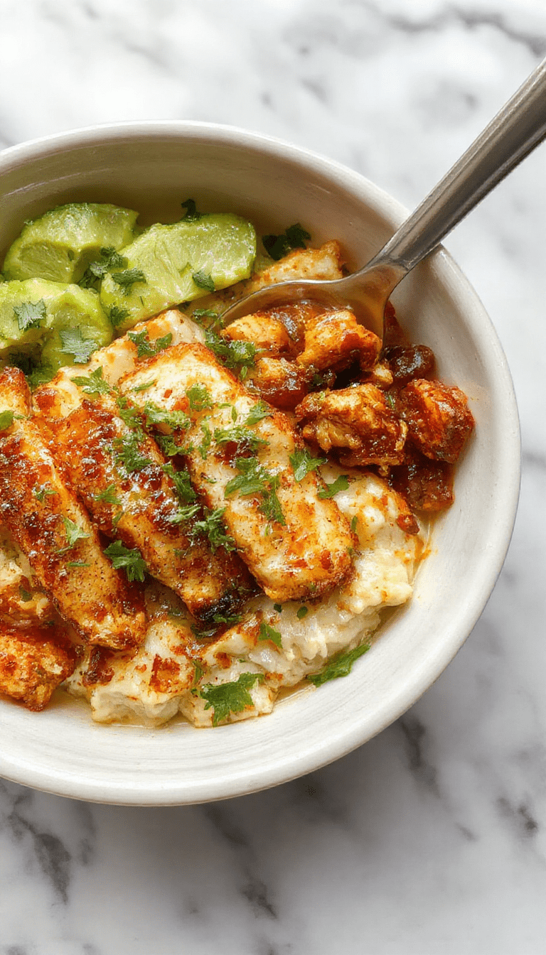 Colorful chicken fajita burrito bowl featuring juicy grilled chicken strips, vibrant red and green bell peppers, onions, and fresh cilantro on a white plate, topped with melted cheese and a drizzle of lime sauce, styled with a lime wedge and extra herbs for a fresh look