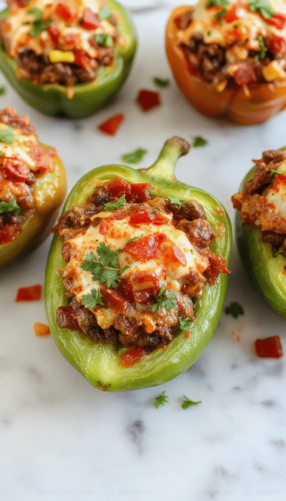 Colorful bell peppers filled with seasoned ground meat, melted cheese, and fresh toppings, arranged on a rustic plate with vibrant garnishes, showcasing a crispy and cheesy texture