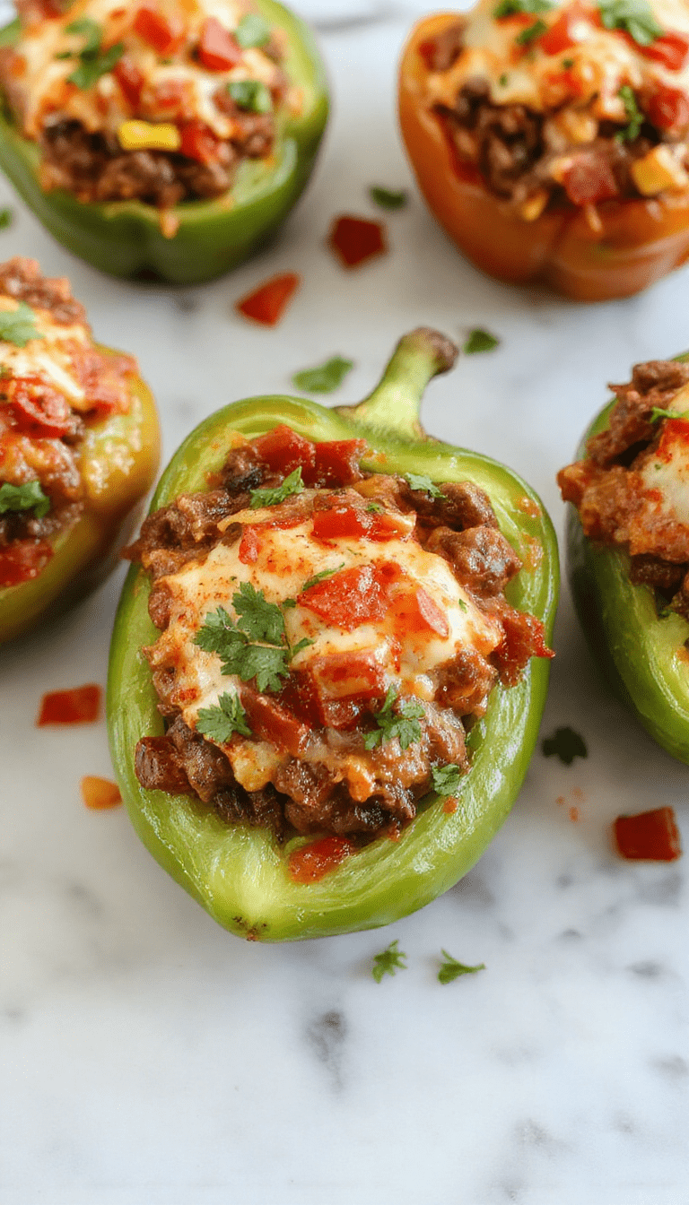 Colorful bell peppers filled with seasoned ground meat, melted cheese, and fresh toppings, arranged on a rustic plate with vibrant garnishes, showcasing a crispy and cheesy texture