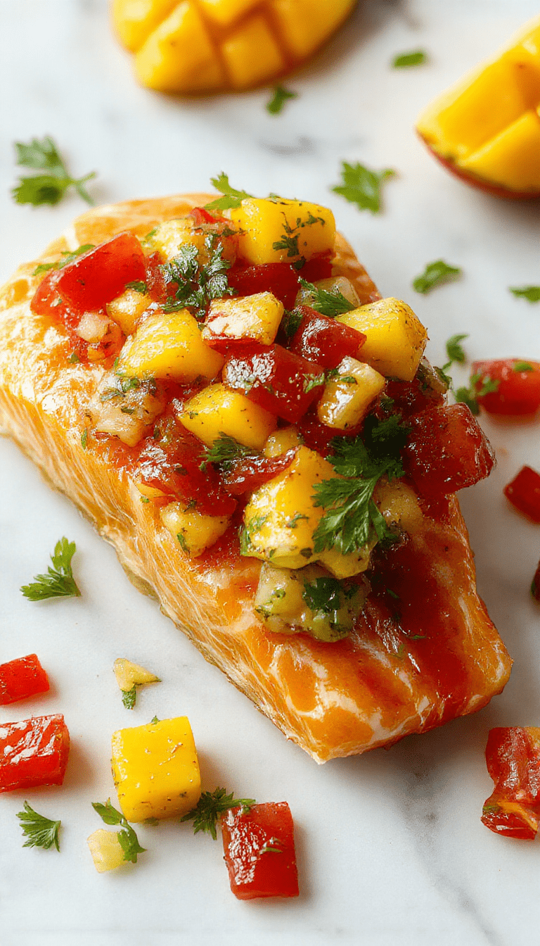 A vibrant plate featuring a perfectly grilled salmon fillet topped with a colorful mango salsa, garnished with fresh herbs and served on a rustic white plate, against a soft blurred background with lime wedges and cilantro.