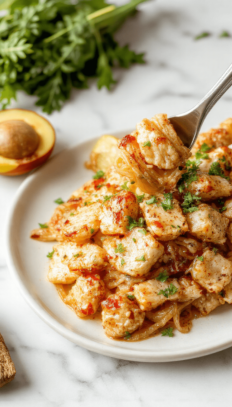 A vibrant plate of garlic chicken noodles with glossy, golden-brown chicken slices atop a bed of stir-fried noodles. The dish is garnished with chopped green onions and sesame seeds, with a glossy garlic sauce coating every strand, served on a rustic white plate against a wooden table background.