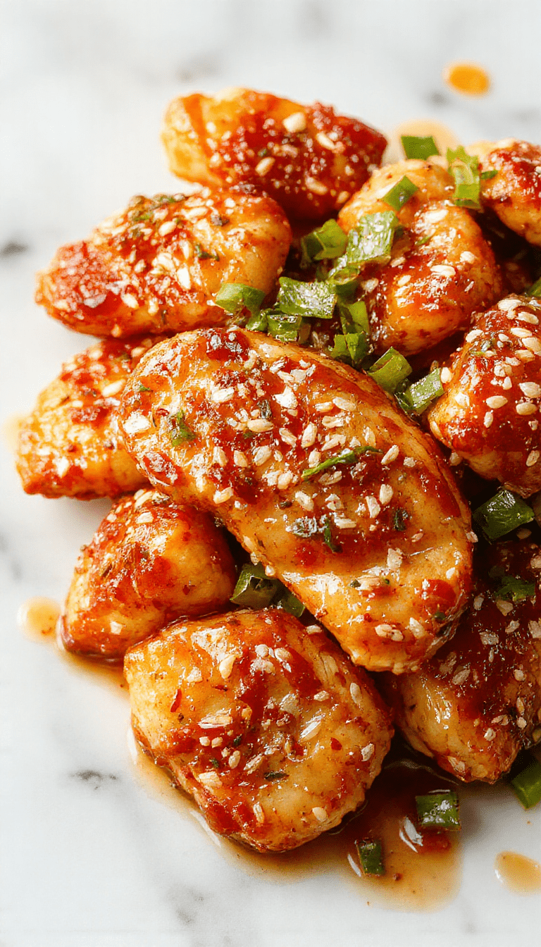 Colorful plate featuring tender sesame chicken glazed with a shiny sauce, garnished with toasted sesame seeds and chopped scallions, vibrant orange and green vegetables surrounding the dish, styled simply on a white plate with a rustic wooden background