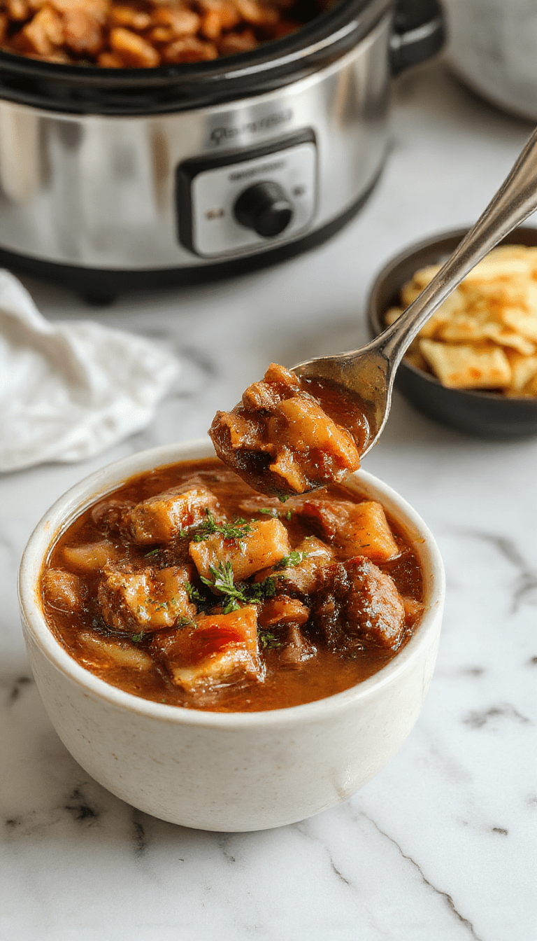 A rustic bowl of rich, hearty poor man's stew with tender chunks of beef, potatoes, carrots, and peas, garnished with fresh herbs on a wooden table, steam rising, styled for cozy comfort