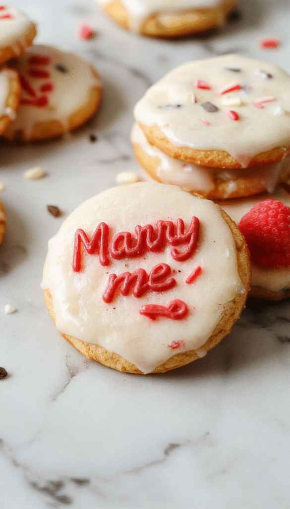 Close-up image of golden-brown marry me cookies stacked on a rustic wooden board, with chocolate chips visible, complemented by a glass of milk in the background, showcasing a crispy texture and melt-in-your-mouth appeal.