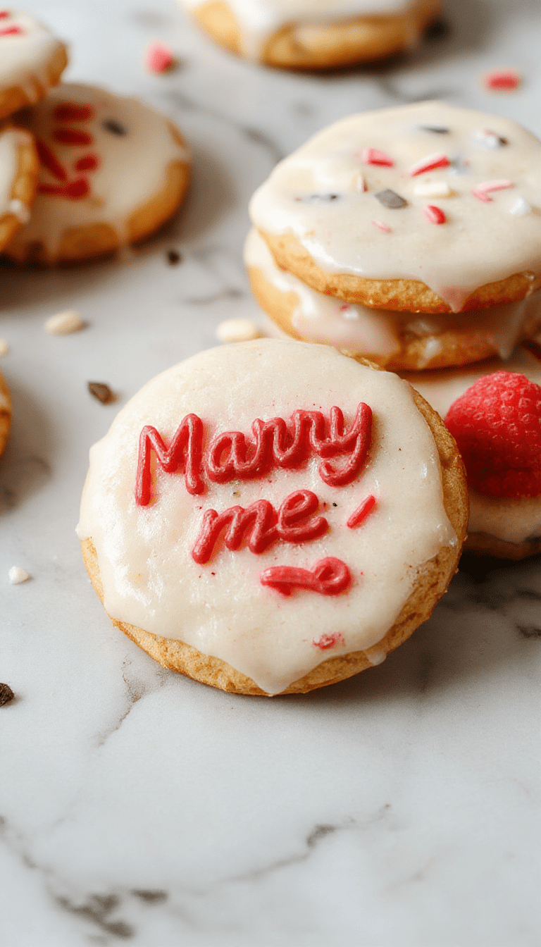 Close-up image of golden-brown marry me cookies stacked on a rustic wooden board, with chocolate chips visible, complemented by a glass of milk in the background, showcasing a crispy texture and melt-in-your-mouth appeal.