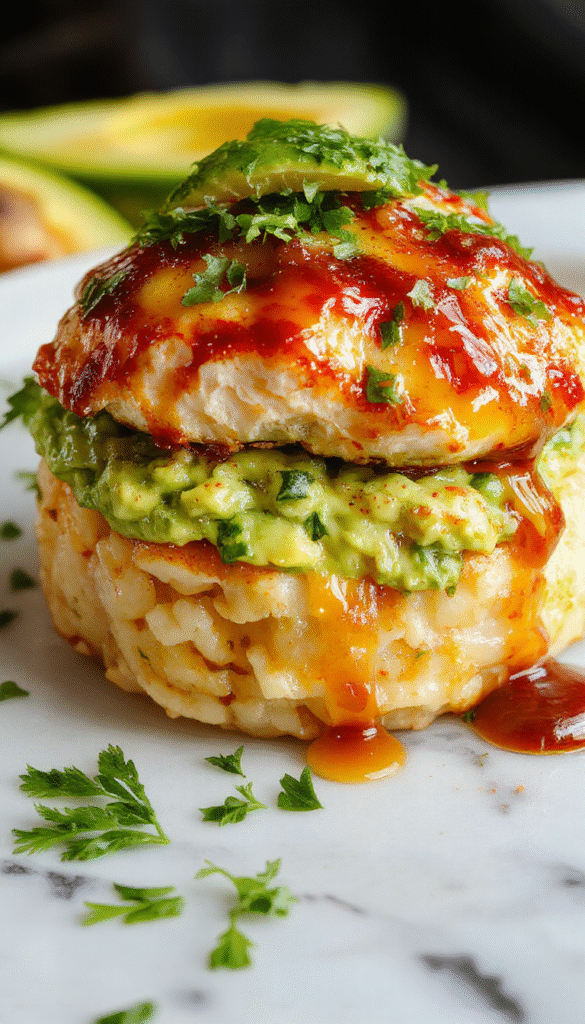 A vibrant plate featuring a stacked presentation of golden grilled honey lime chicken slices, creamy avocado slices, and fluffy rice, garnished with lime wedges and fresh herbs, styled on a rustic wooden table with colorful ingredients around.