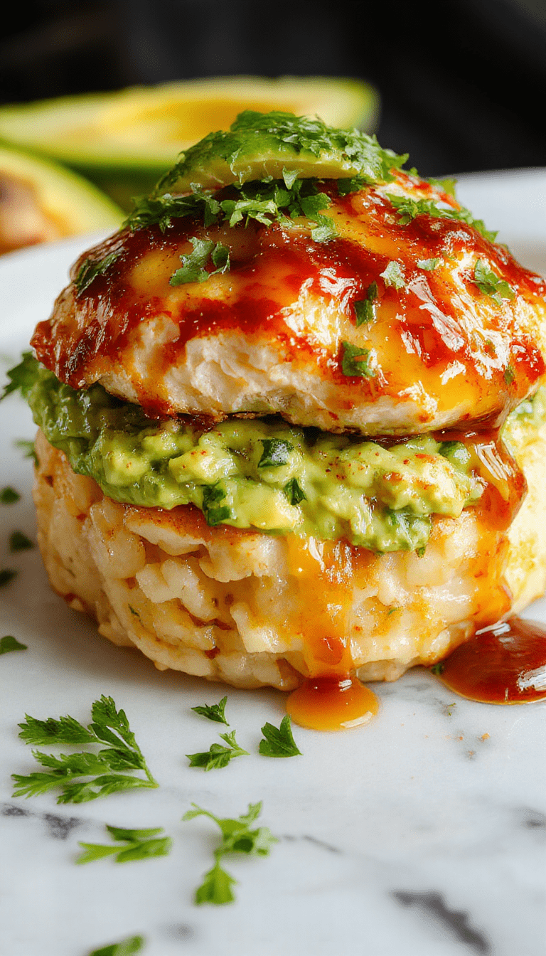 A vibrant plate featuring a stacked presentation of golden grilled honey lime chicken slices, creamy avocado slices, and fluffy rice, garnished with lime wedges and fresh herbs, styled on a rustic wooden table with colorful ingredients around.