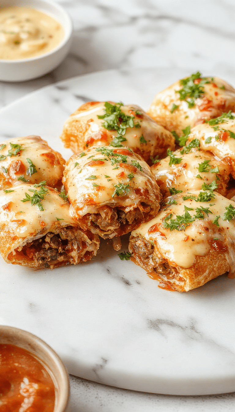 Colorful platter featuring golden-brown keto Philly cheesesteak rolls sliced to reveal melted cheese and tender steak inside, garnished with fresh herbs, styled on a rustic wooden board with vibrant peppers and onions around, showcasing crispy edges and gooey cheese.