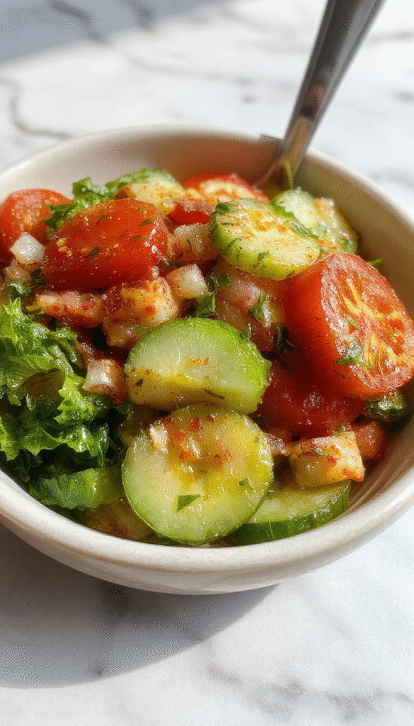 A vibrant Mediterranean salad featuring sliced cucumbers, ripe red tomatoes, and thinly sliced red onions arranged on a white ceramic plate. The salad is garnished with fresh parsley and crumbled feta cheese, with a drizzle of olive oil and lemon juice. The colorful ingredients contrast beautifully against the white background, highlighting the fresh, juicy textures and the bright, zesty flavors. The presentation is fresh and inviting, perfect for a summer meal.