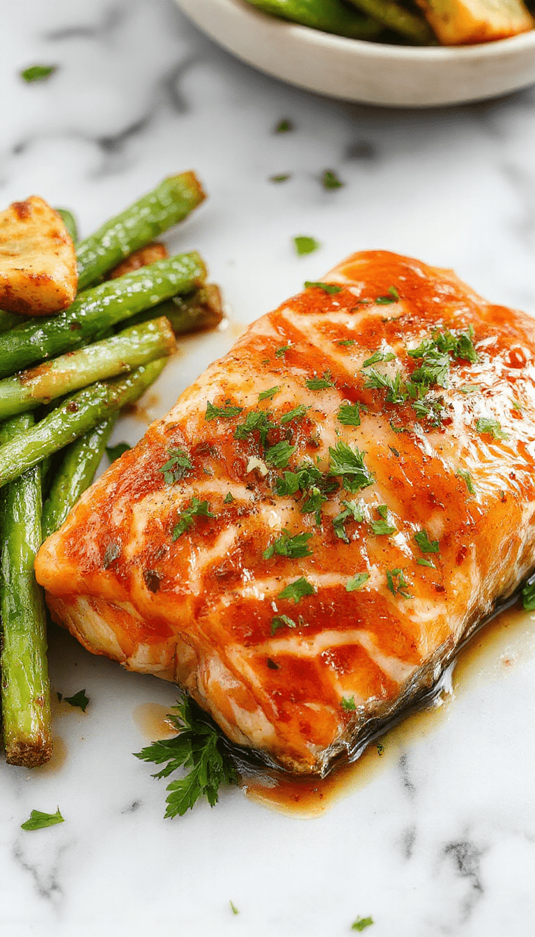 Colorful air fryer salmon fillet plated on a white dish with lemon wedges, fresh herbs, and a side of roasted vegetables. The salmon has a crispy golden-brown crust, flaky pink interior, and garnished with parsley, presented beautifully with bright natural lighting highlighting textures and vibrant colors.