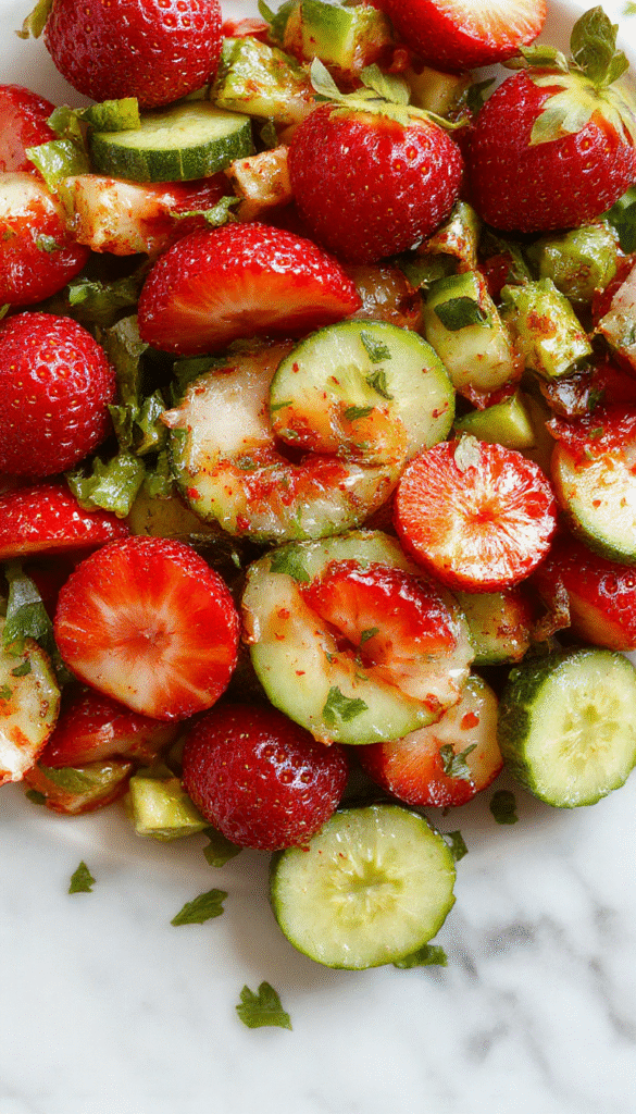 A vibrant cucumber strawberry salad featuring thinly sliced crisp cucumbers and juicy red strawberries arranged on a white ceramic plate, topped with fresh mint leaves and a drizzle of balsamic glaze, sunlight highlighting the glossy textures and bright colors of the ingredients, garnished for an appetizing summer presentation.