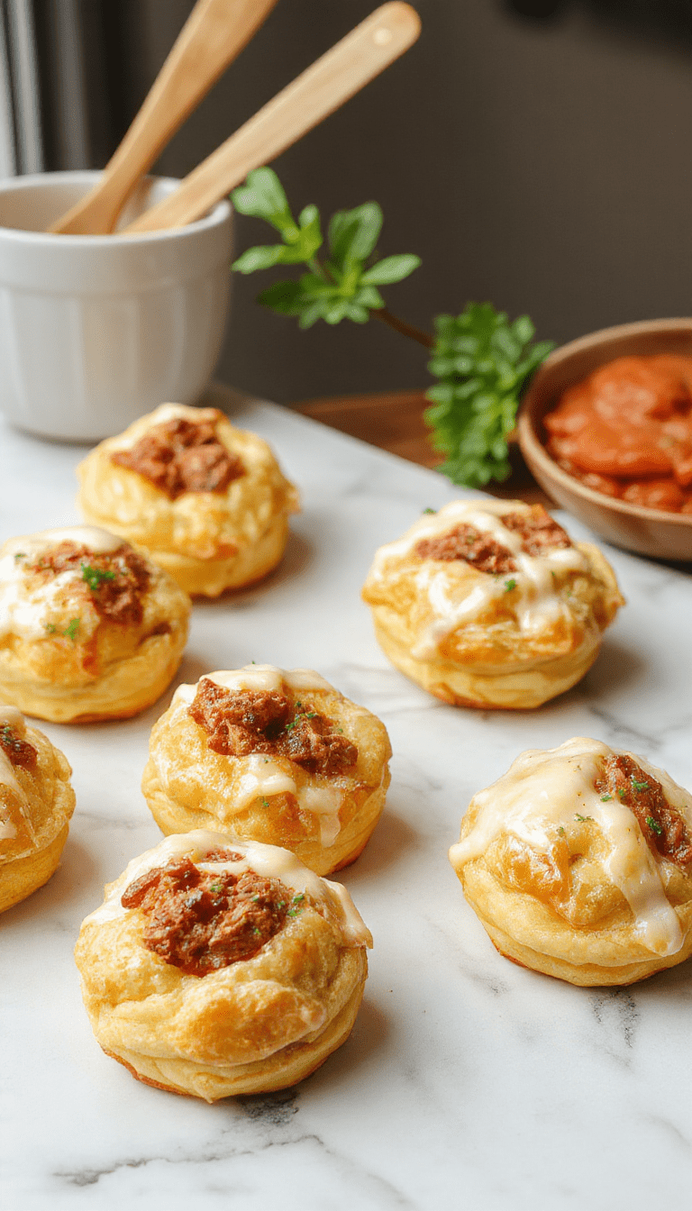 Golden brown puff pastry golden coursetopped with flaky layers and tender pulled beef spilling from the flaky layers, garnished with fresh herbs, styled on a rustic wooden surface