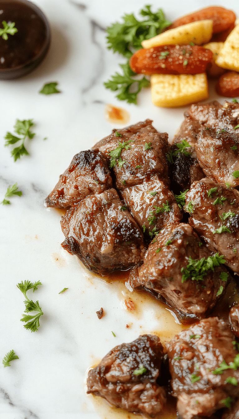 A vibrant plate featuring tender slices of beef coated in a rich pepper sauce, colorful bell peppers, and onions, all beautifully plated on a rustic wooden surface with steam rising, showcasing the glossy textures and bold flavors, garnished with fresh herbs.