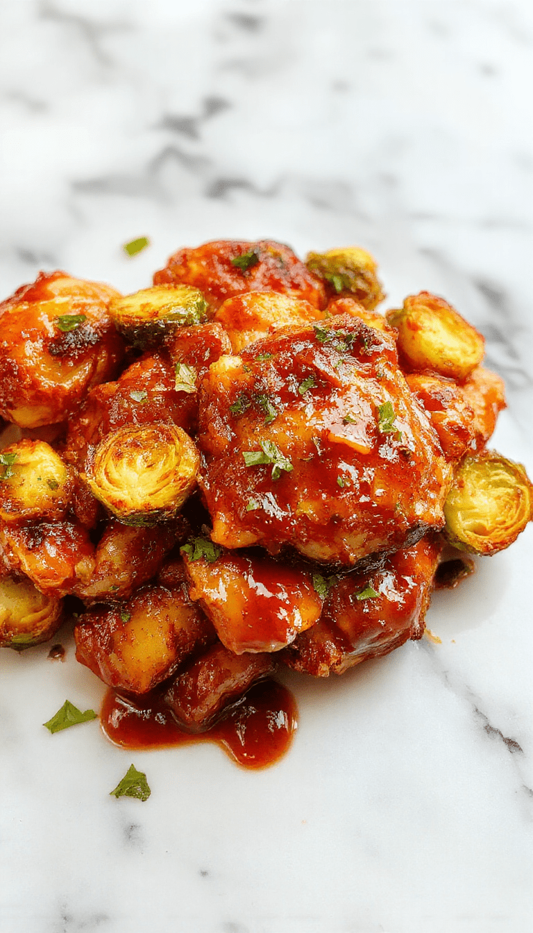Colorful dish featuring golden-brown crispy Brussels sprouts topped with tender chicken glazed in glossy, vibrant sweet chili sauce. The chicken pieces are coated with a sticky glaze, garnished with chopped green onions and red chili flakes, arranged on a white plate for a clean, inviting presentation. The crispy edges of the sprouts contrast with the shiny, spicy-sweet chicken, styled in a modern kitchen setting with natural lighting.