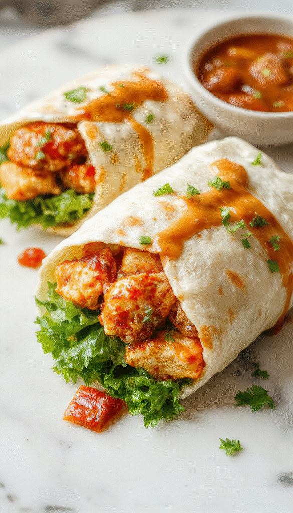 Colorful plate featuring golden-brown chicken pieces coated in glossy sweet chili sauce, wrapped in soft tortillas with fresh lettuce and vibrant vegetables, styled with drizzles of sauce and garnished with chopped herbs