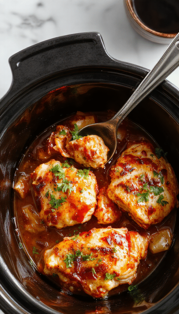 A vivid close-up image of tender shredded chicken coated in a glossy sweet Hawaiian sauce, served in a white bowl garnished with sliced green onions and pineapple chunks, set against a rustic wooden table with tropical accents and vibrant colors highlighting the glossy sauce and juicy textures.