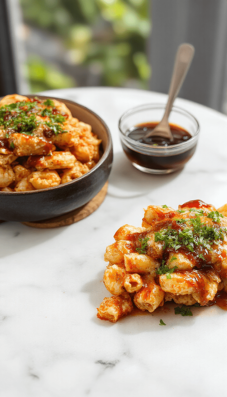 A vibrant plate of creamy macaroni and cheese topped with juicy grilled chicken pieces glazed in glossy honey BBQ sauce. The dish features a rich, cheesy sauce with a golden-brown crust around the edges, served on a rustic wooden table with fresh herbs garnish and a side of colorful vegetables.