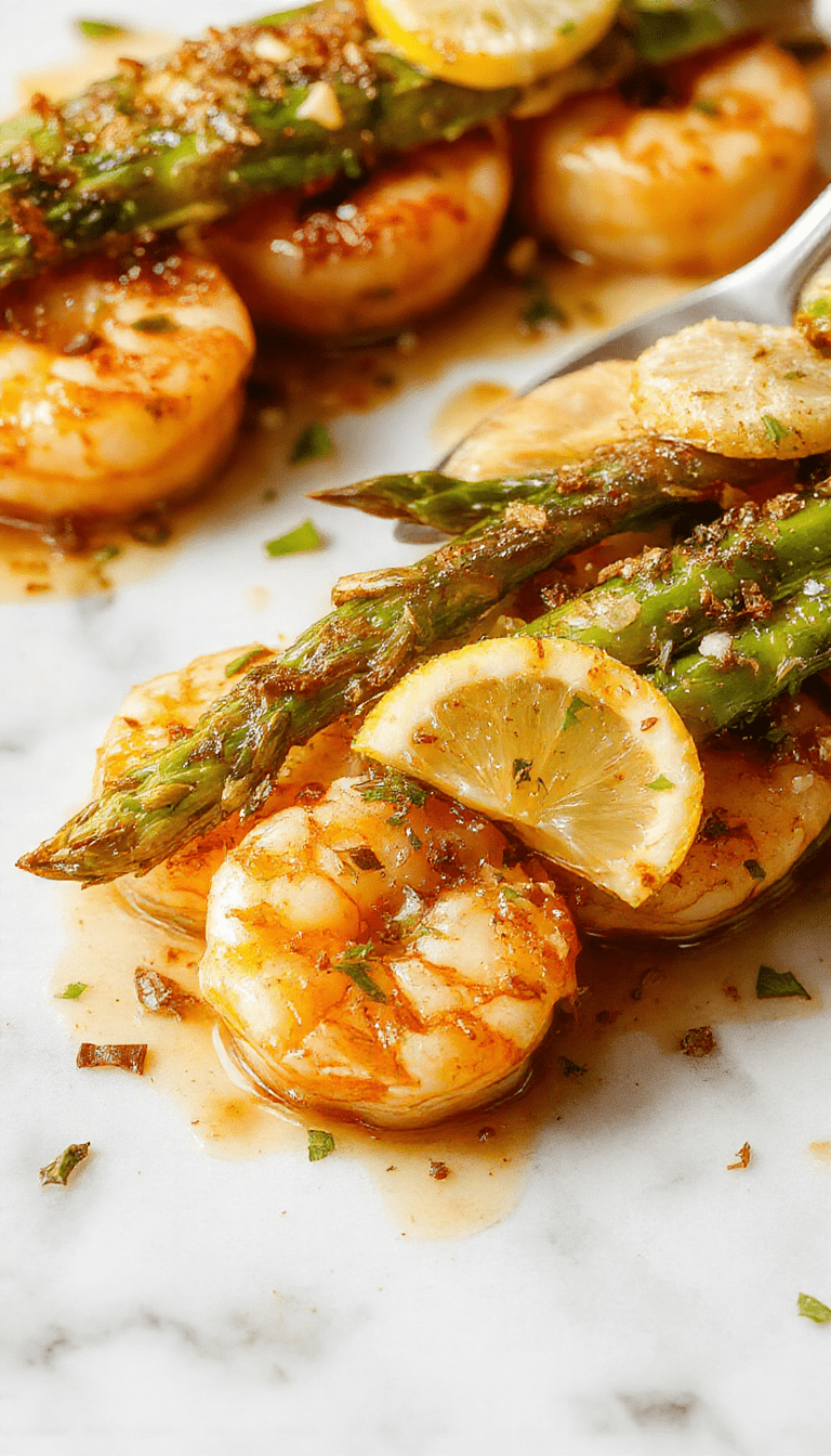 Colorful plate featuring perfectly cooked pink shrimp drizzled with lemon garlic sauce, nestled beside vibrant green asparagus spears, garnished with fresh herbs and lemon wedges, all arranged on a white ceramic plate with a rustic wooden background.
