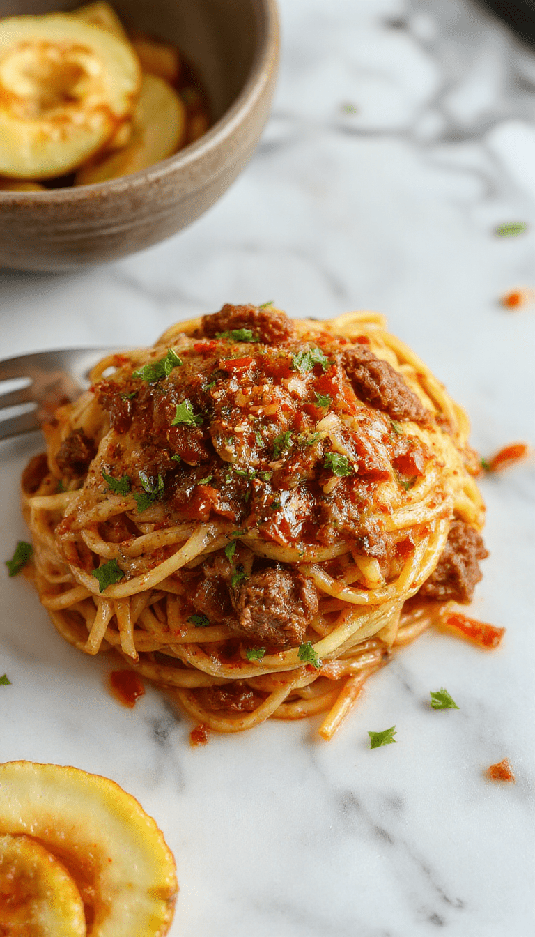 A vibrant plate of Asian-style ground beef spaghetti features glossy, seasoned beef nestled on al dente spaghetti, topped with chopped green onions and sesame seeds. The dish is plated on a rustic white bowl, with a colorful backdrop of fresh vegetables and Asian condiments, showcasing a perfect blend of textures and flavors.