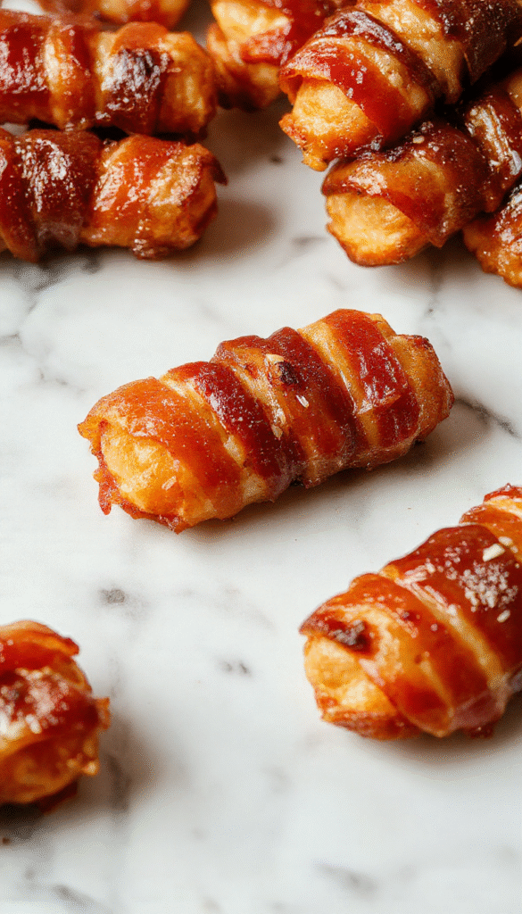 A close-up of bacon-wrapped sausages glazed with brown sugar, arranged on a rustic wooden platter. The bacon is crispy and golden, with a glossy caramelized finish. Sprigs of fresh herbs and a drizzle of extra glaze accentuate the dish, set against a dark background with a hint of sizzling aroma.