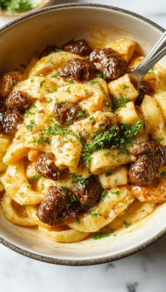 A vibrant bowl of creamy beef and garlic butter pasta garnished with chopped parsley, showcasing tender beef slices, al dente spaghetti coated in a rich, creamy sauce with garlic cloves visible, set on a rustic wooden table with fresh herbs around.