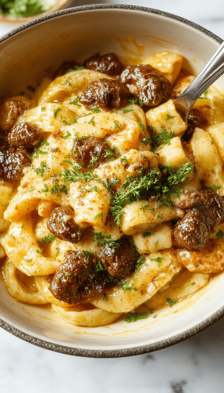 A vibrant bowl of creamy beef and garlic butter pasta garnished with chopped parsley, showcasing tender beef slices, al dente spaghetti coated in a rich, creamy sauce with garlic cloves visible, set on a rustic wooden table with fresh herbs around.