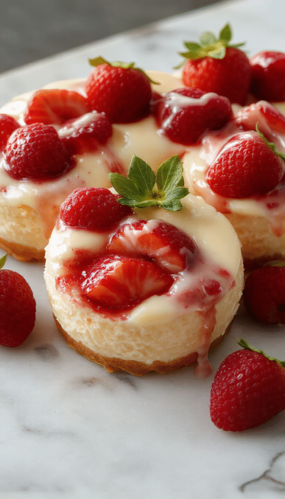 A close-up shot of vibrant red strawberries halved and filled with creamy cheesecake, topped with a drizzle of chocolate and garnished with mint leaves, arranged on a white plate with a soft-focus background of more strawberries and cheesecake filling.