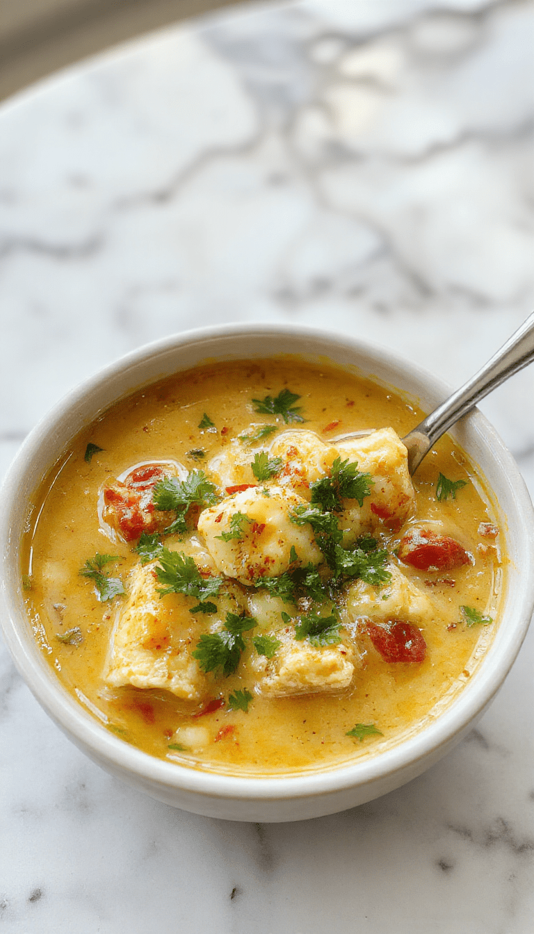 A steaming bowl of creamy chicken enchilada soup garnished with shredded cheese, fresh cilantro, and diced avocado. The soup has a rich, thick texture with a vibrant red-orange hue from the enchilada sauce. The bowl is set on a rustic wooden table with a spoon resting on the side, highlighting the hearty, comforting presentation.