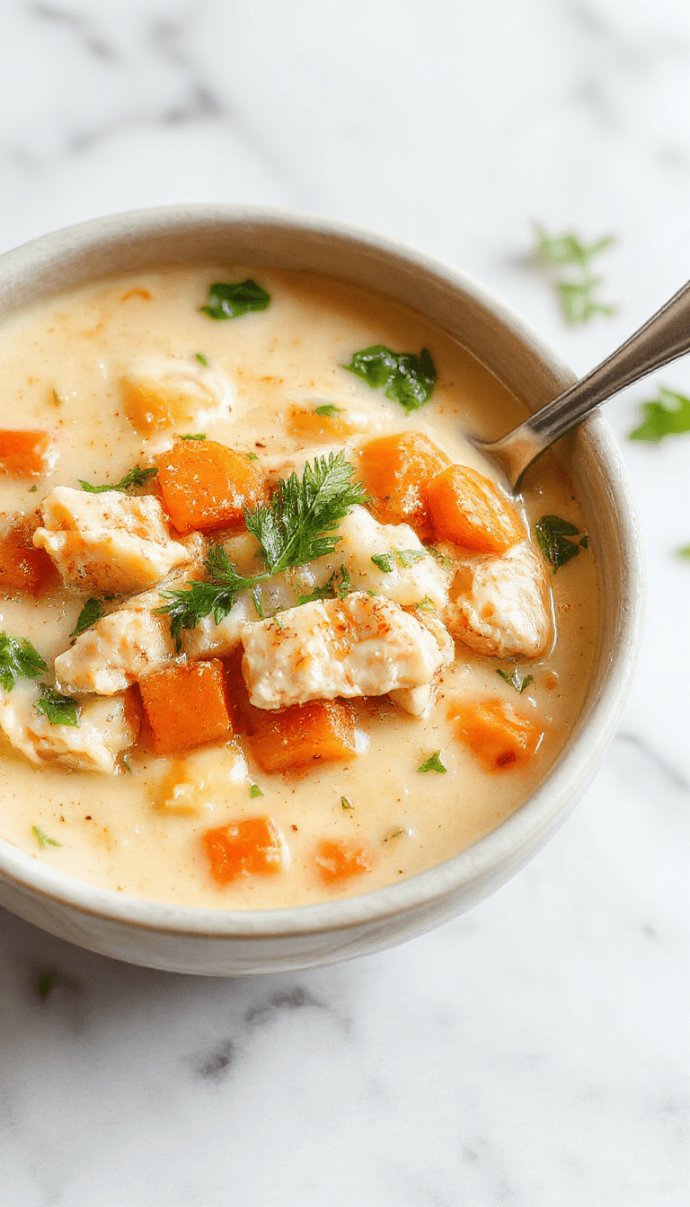 A vibrant bowl of creamy chicken pasta soup featuring shredded chicken, orange carrots, and fresh spinach leaves, all topped with a sprinkle of herbs. The soup's rich, velvety texture is visible alongside cooked pasta and colorful vegetables, styled in a rustic white ceramic bowl on a dark wooden surface with a spoon resting nearby.