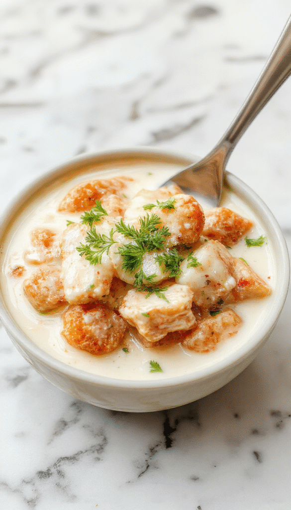 A vibrant plate of tender chicken cooked in a rich, creamy coconut milk sauce, garnished with fresh herbs and lemon wedges, served with steamed rice on a rustic wooden table