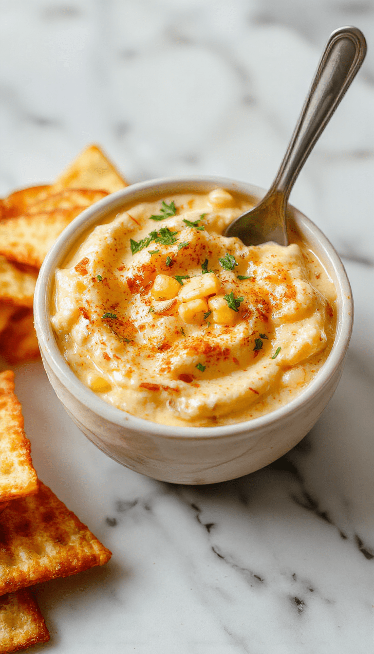 A vibrant white bowl filled with creamy crack corn dip topped with chopped green onions and shredded cheese, served alongside crispy tortilla chips on a wooden platter with colorful garnishes in the background