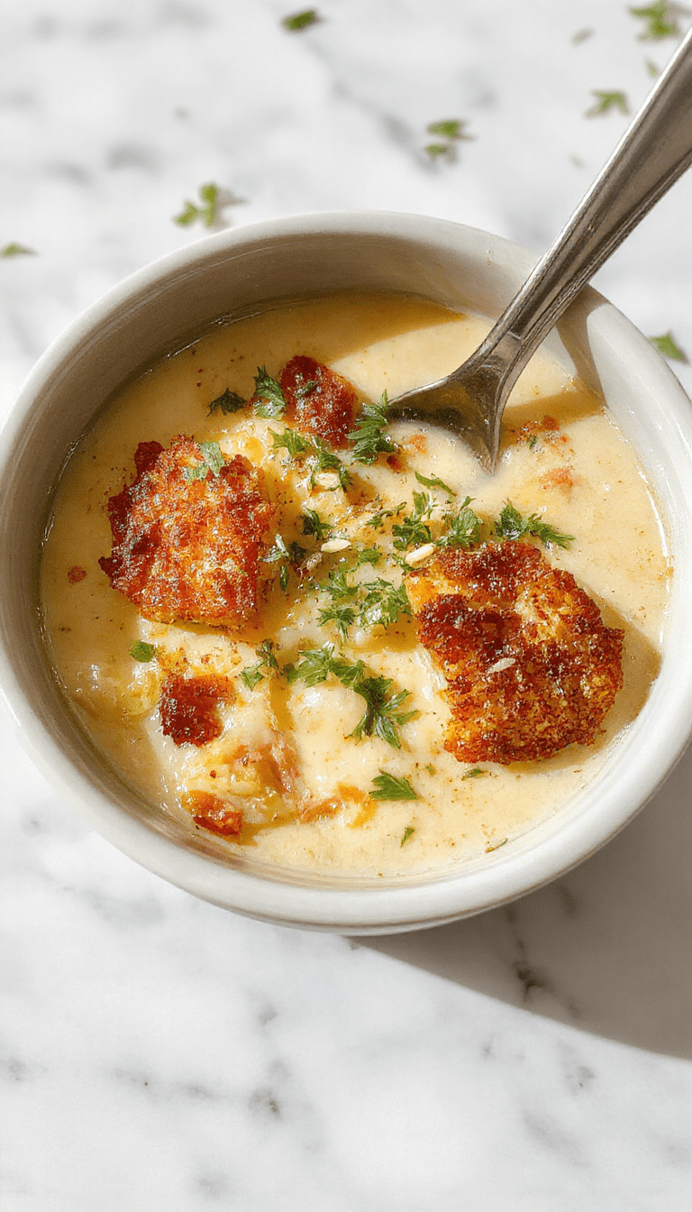 A warm bowl of creamy potato soup topped with crispy golden hashbrowns, garnished with fresh herbs and a drizzle of sour cream, served with a rustic spoon on a wooden table with a cozy kitchen background.