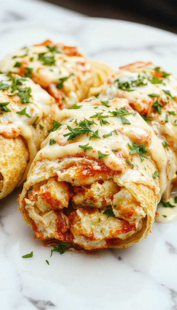 A vibrant plate featuring golden-brown chicken wraps topped with melted cheese, garnished with chopped parsley and garlic slices. The wraps are sliced to reveal creamy chicken filling with gooey cheese, set against a rustic wooden background with fresh herbs, garlic cloves, and a drizzle of sauce for an appetizing look.