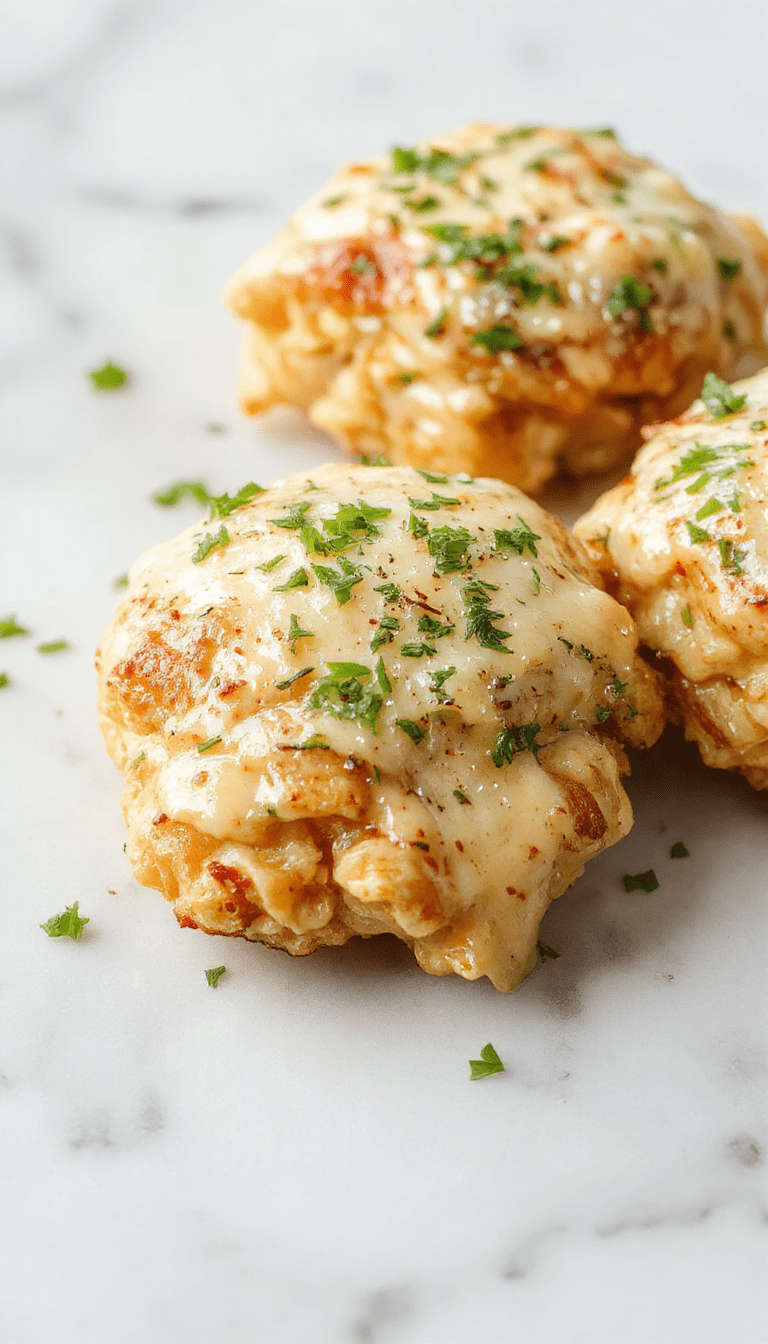 A beautifully plated dish featuring golden-brown chicken breasts topped with a rich, creamy garlic parmesan sauce. The chicken is garnished with freshly chopped parsley and grated parmesan, served on a elegant white plate with a side of steamed vegetables. The vibrant green parsley contrasts with the creamy sauce, highlighting the luscious texture and savory appeal of the dish.