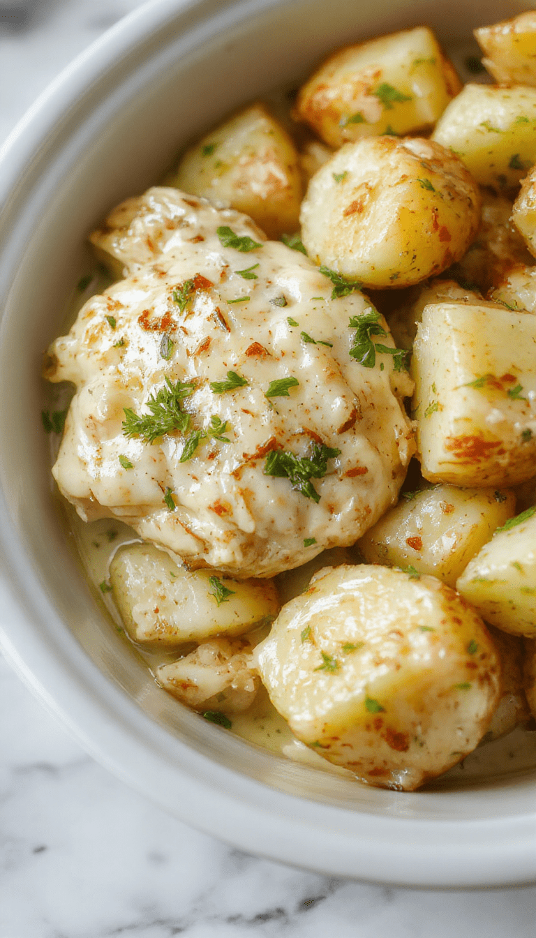 A warm, inviting bowl of creamy garlic parmesan crockpot chicken and potatoes featuring tender chicken pieces and crispy roasted potatoes, garnished with chopped parsley and grated cheese, served on a rustic wooden table with a cozy, homey atmosphere
