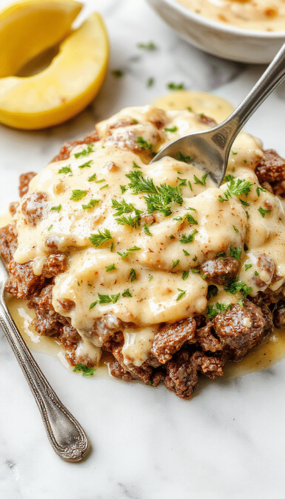 A close-up of a creamy ground beef stroganoff served in a rustic white bowl, showcasing tender ground beef in a luscious beige sauce dotted with sliced mushrooms and fresh herbs, with steam rising, set on a wooden table with a sprig of parsley for garnish.