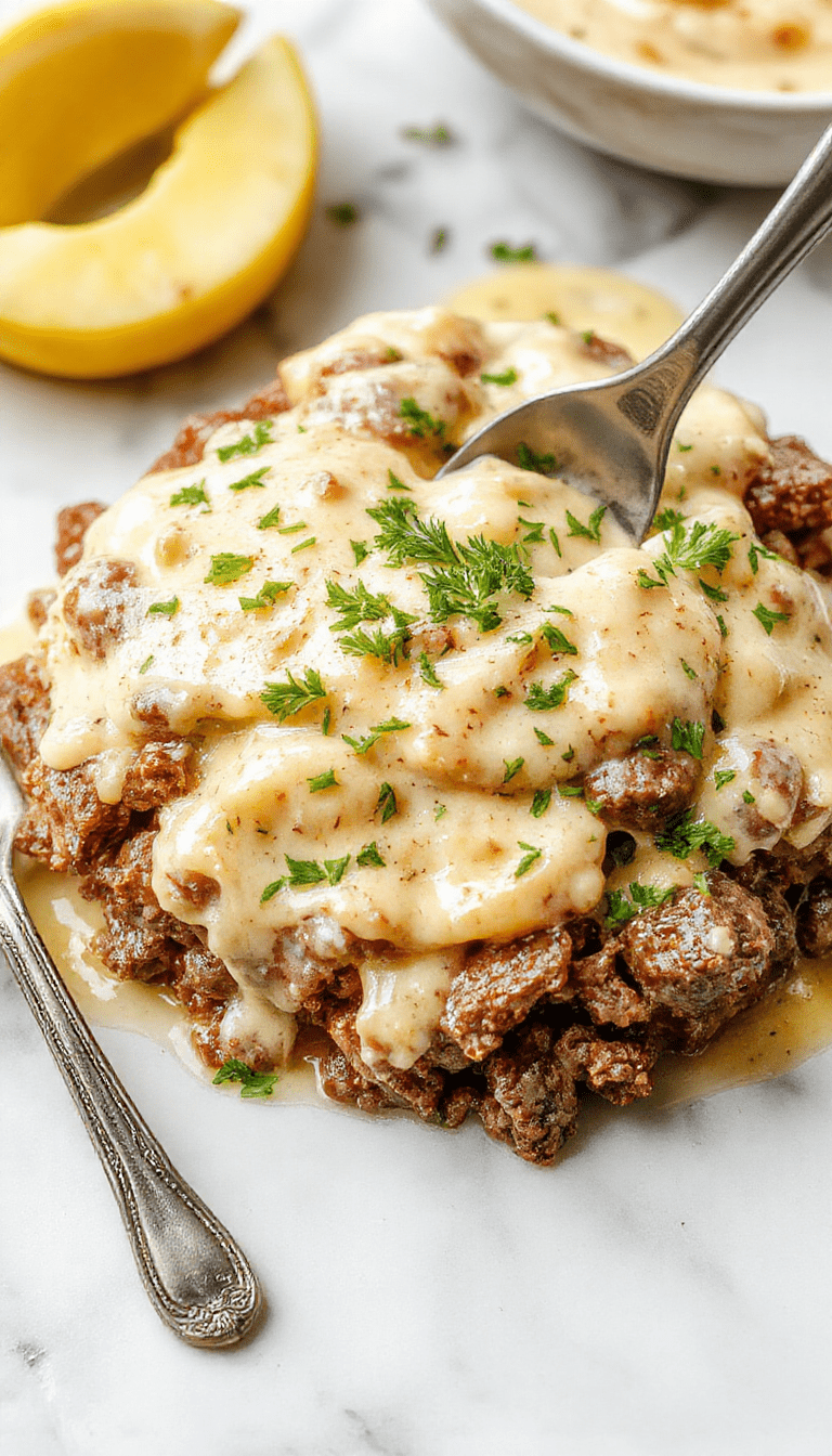 A close-up of a creamy ground beef stroganoff served in a rustic white bowl, showcasing tender ground beef in a luscious beige sauce dotted with sliced mushrooms and fresh herbs, with steam rising, set on a wooden table with a sprig of parsley for garnish.