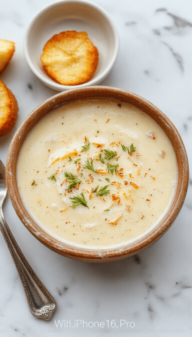 A vibrant bowl of creamy potato soup topped with chopped scallions and crispy bacon bits, served with crusty bread on a rustic wooden table, with steam rising and a bright, inviting atmosphere.