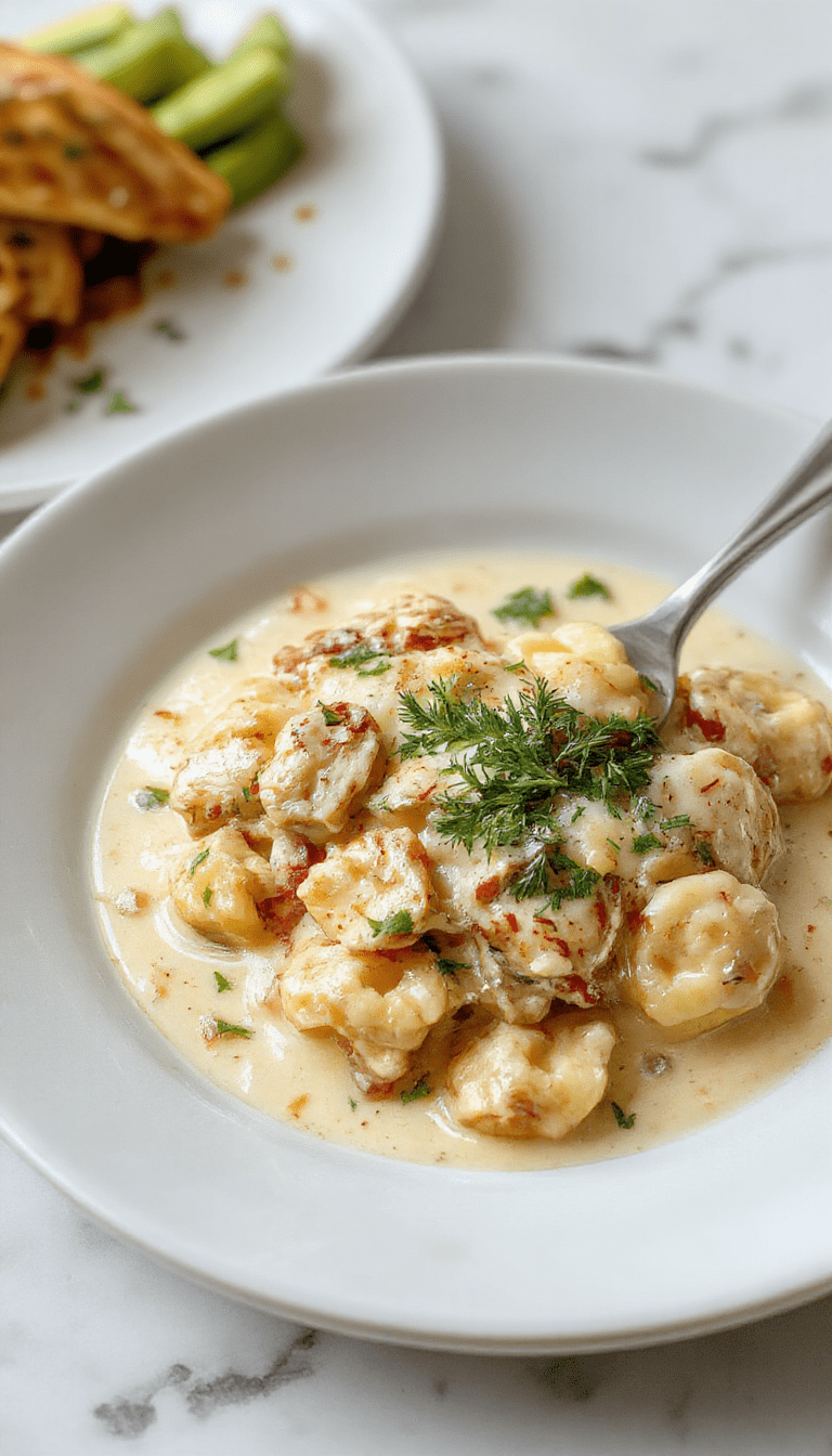 A vibrant plate of creamy chicken tortellini garnished with fresh herbs, served on a white ceramic dish with melted cheese and rich sauce, surrounded by colorful vegetables and a sprig of basil on a rustic wooden table.