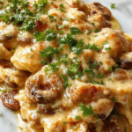 A close-up of a served Creamy Mushroom Chicken on a white plate, featuring a tender chicken breast topped with a rich, creamy mushroom sauce, garnished with fresh parsley. The dish is vibrant with earthy brown mushrooms, golden sauce, and green herbs, styled elegantly with a rustic wooden background and soft natural lighting highlighting the textures and colors.
