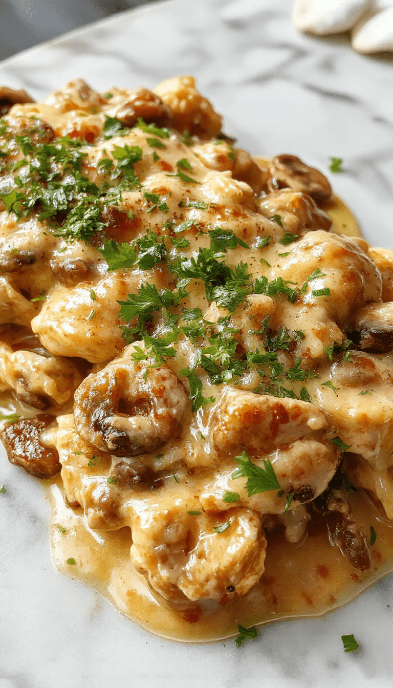 A close-up of a served Creamy Mushroom Chicken on a white plate, featuring a tender chicken breast topped with a rich, creamy mushroom sauce, garnished with fresh parsley. The dish is vibrant with earthy brown mushrooms, golden sauce, and green herbs, styled elegantly with a rustic wooden background and soft natural lighting highlighting the textures and colors.