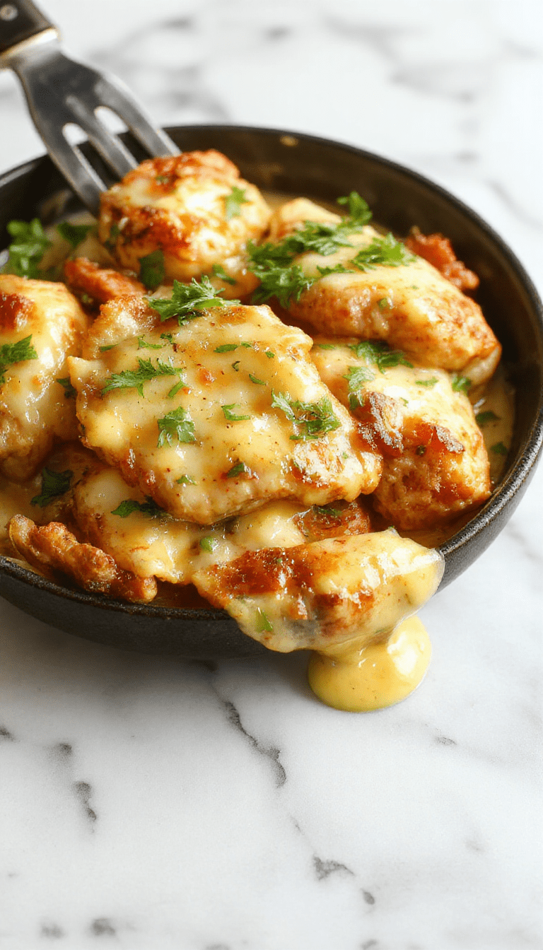 Colorful skillet featuring tender chicken breasts smothered in a creamy sauce with vibrant green pepperoncini peppers sprinkled throughout, garnished with fresh herbs, on a rustic wooden table with a side of sliced bread