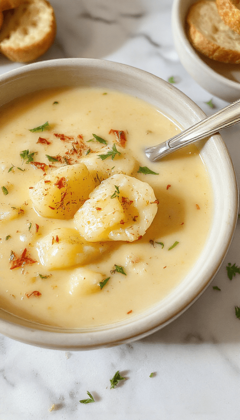 A bowl of creamy potato soup topped with chives and shredded cheese, served on a rustic wooden table with a spoon beside it. The soup has a velvety texture, golden color from the potatoes, and garnished with fresh herbs, creating an inviting and warm presentation.