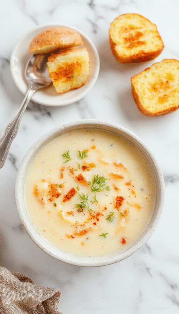 A bowl of creamy potato soup topped with chopped chives and a dollop of sour cream, served with crusty bread on a rustic wooden table. The soup is thick, velvety, and golden, with bits of tender potato and herbs visible. The presentation is inviting, with warm lighting enhancing the cozy atmosphere.