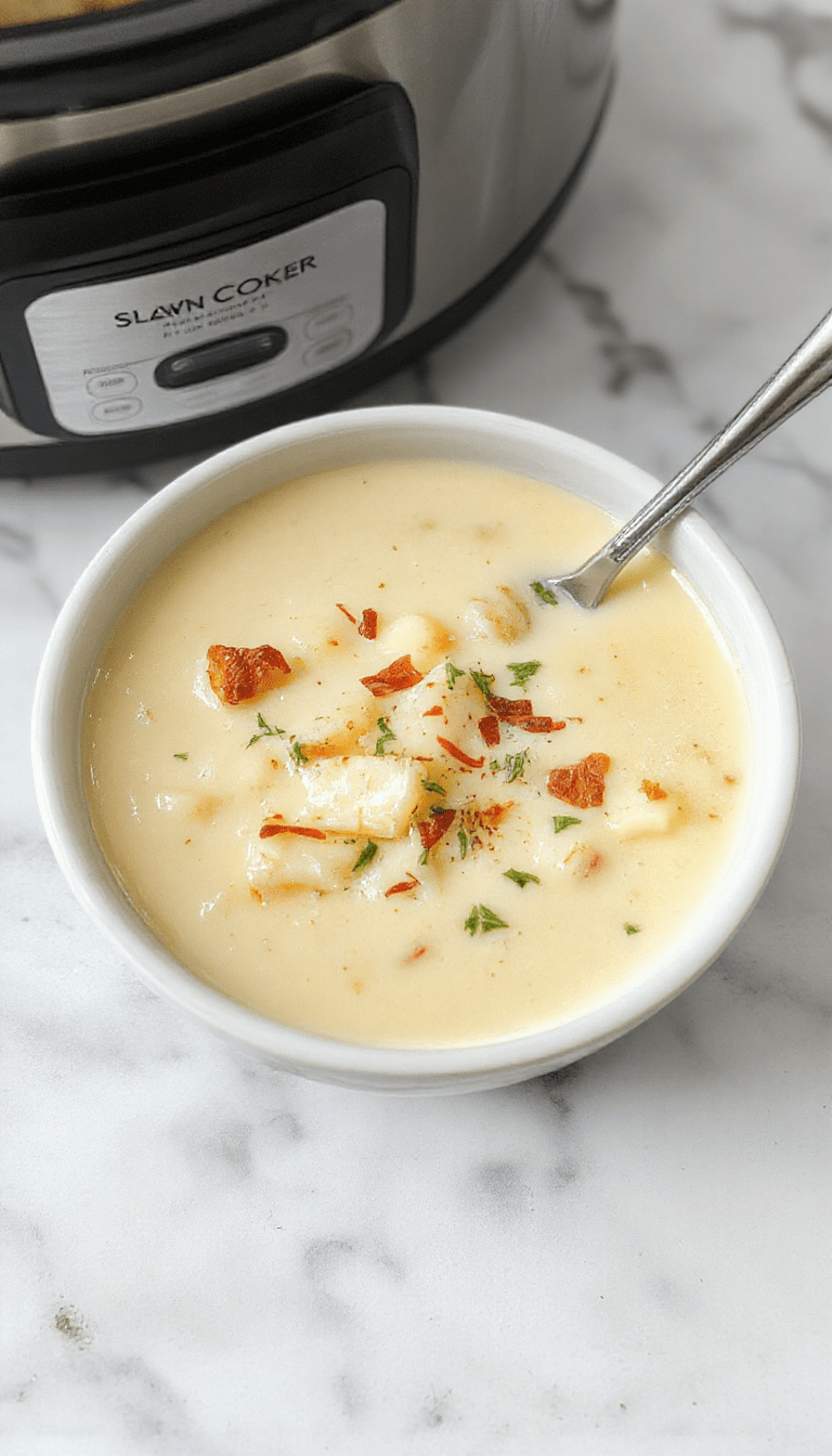 A bowl of creamy potato soup garnished with chopped chives and crispy bacon bits, served in a rustic white bowl on a wooden table with fresh potatoes and herbs in the background, highlighting its rich texture and warm inviting look.