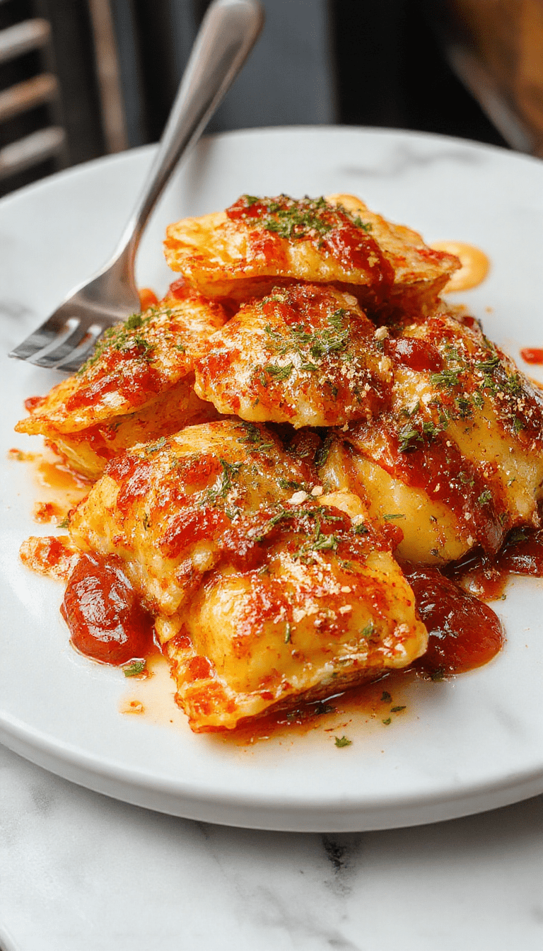 Golden-brown toasted ravioli arranged on a white plate with a crispy exterior visible, garnished with fresh parsley, served with a side of marinara sauce in a small dipping bowl, styled on a rustic wooden table with a sprinkle of grated cheese.