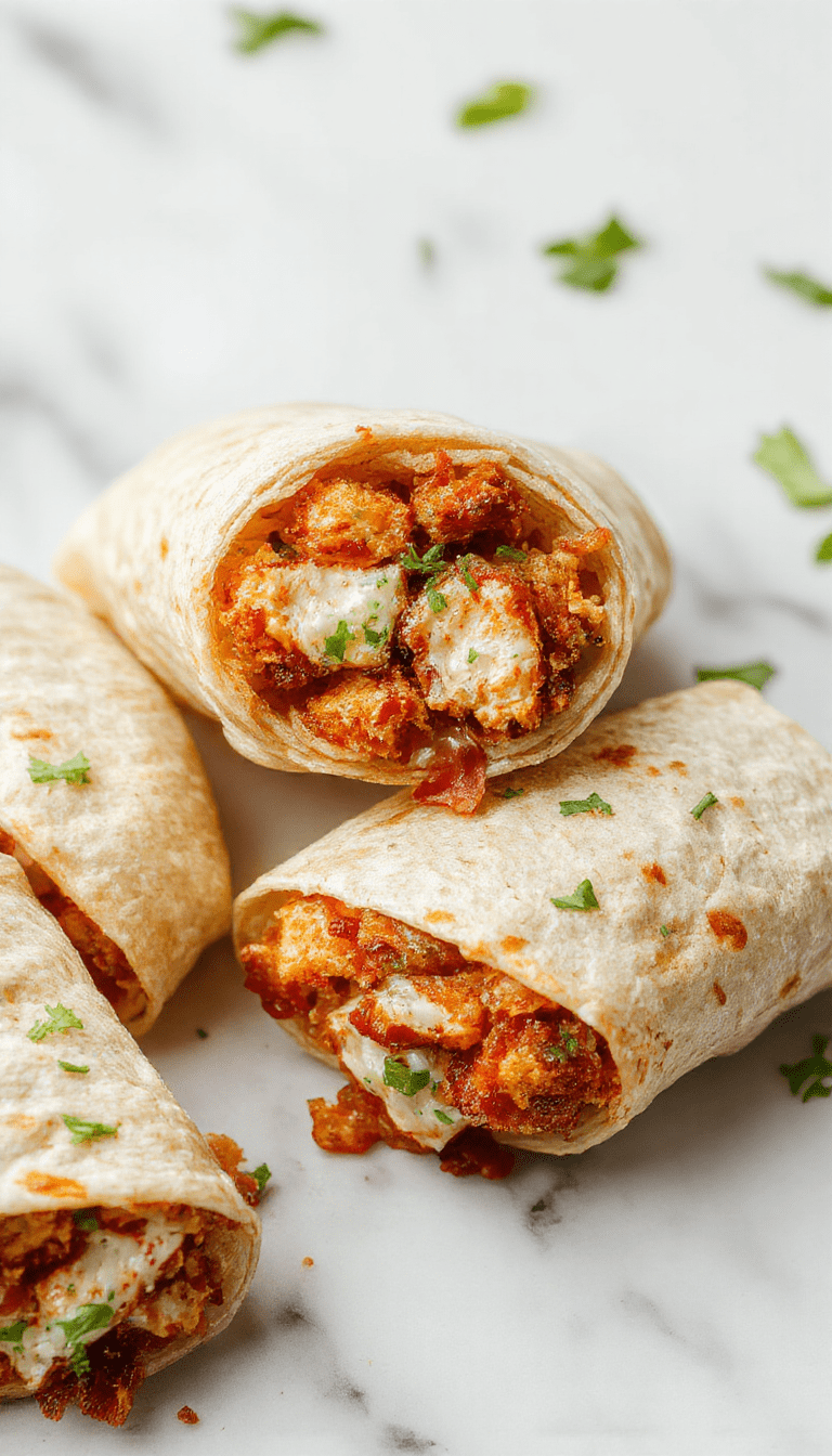 A vibrant plate showcasing a crispy chicken bacon ranch wrap sliced open to reveal golden fried chicken pieces, crisp bacon strips, fresh lettuce, and creamy ranch dressing, all wrapped in a toasted golden tortilla garnished with chopped herbs.